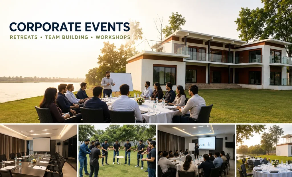 Corporate events at River Villa Resort Gazipur featuring outdoor meetings, team-building activities, workshops, conference facilities, and corporate retreats near Dhaka