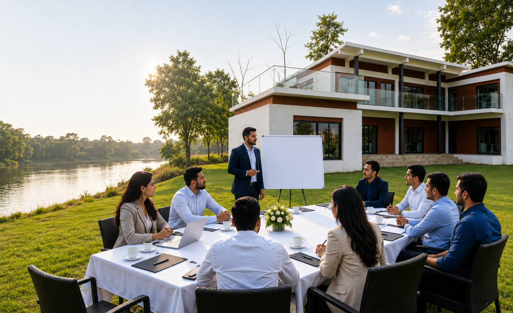 Corporate event planning meeting at River Villa Resort Gazipur featuring an outdoor business workshop beside a luxury riverside resort near Dhaka