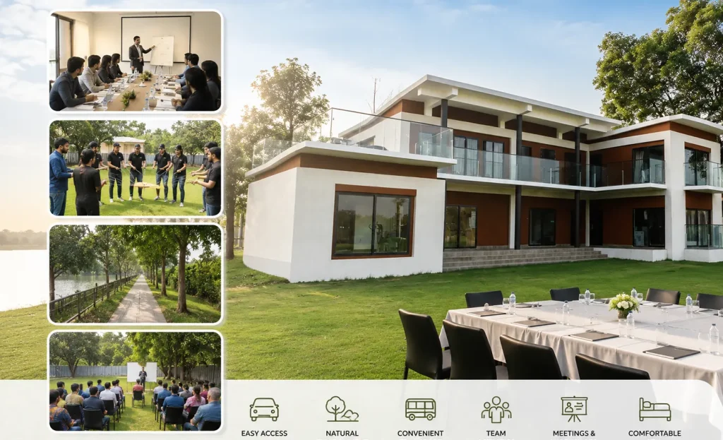Corporate retreat venue at River Villa Resort Gazipur featuring outdoor meeting space, team-building activities, and riverside surroundings near Dhaka