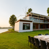 Corporate event setup at River Villa Resort Gazipur featuring riverside meeting space, outdoor conference seating, and a luxury resort near Dhaka