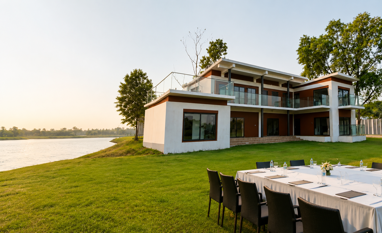 Corporate event setup at River Villa Resort Gazipur featuring riverside meeting space, outdoor conference seating, and a luxury resort near Dhaka