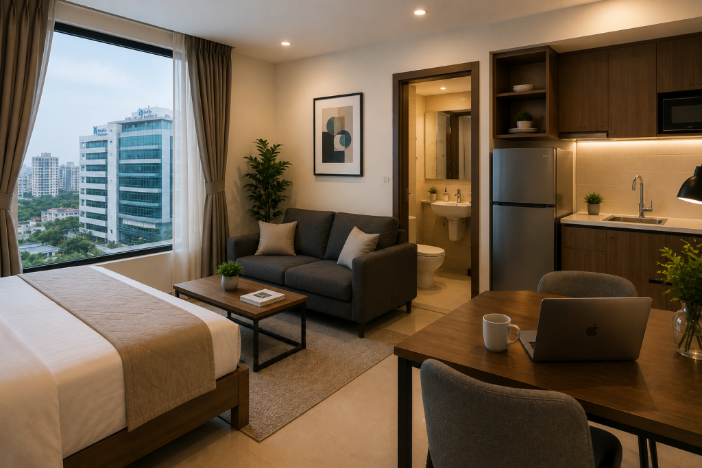 Furnished accommodation near Evercare Apollo Hospital Dhaka in Bashundhara featuring a modern studio apartment with kitchenette and workspace