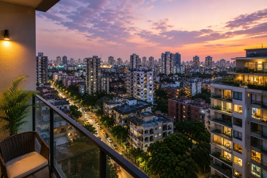 Balcony view of a serviced apartment in Dhaka overlooking Banani's skyline at sunset, highlighting how location influences apartment rental prices