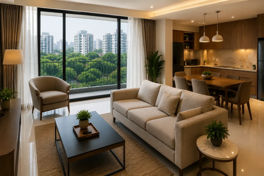 Modern furnished apartment in Banani, Dhaka featuring a spacious living room, dining area, fully equipped kitchen, and large balcony overlooking the city