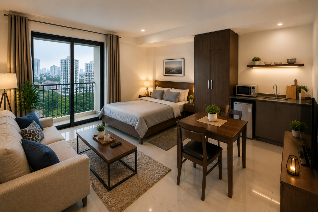 Modern furnished studio apartment in Dhaka with bed, sofa, dining area, kitchenette, and balcony view