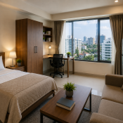 Hospital attendant accommodation near BIRDEM, Square Hospital, and Evercare Dhaka featuring a fully furnished studio apartment with workspace and kitchenette