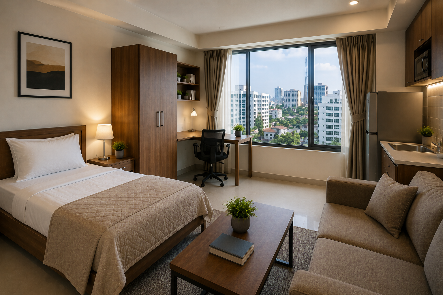 Hospital attendant accommodation near BIRDEM, Square Hospital, and Evercare Dhaka featuring a fully furnished studio apartment with workspace and kitchenette