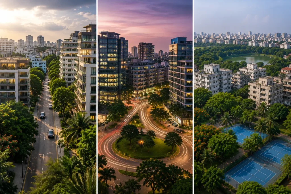 Comparison of Banani, Gulshan, and Dhanmondi neighborhoods in Dhaka highlighting residential streets, business districts, and green recreational spaces