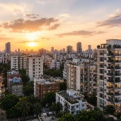 Aerial view of Banani, Dhaka at sunset showcasing modern residential buildings, tree-lined streets, and one of the city's most popular areas for short-stay apartments