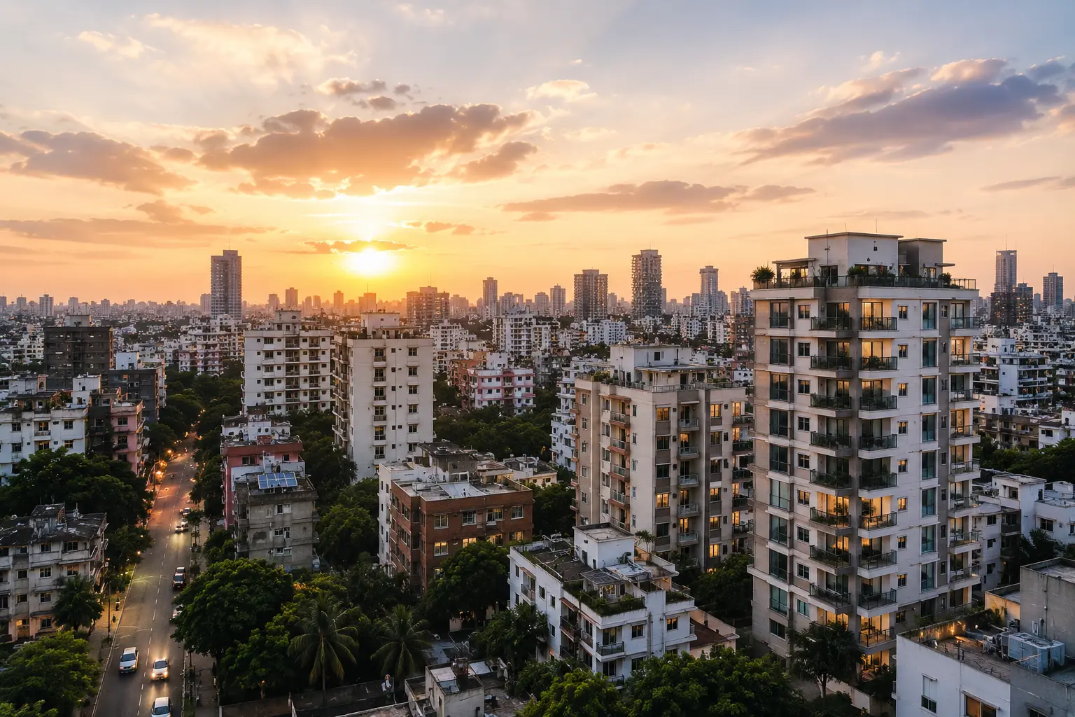 Aerial view of Banani, Dhaka at sunset showcasing modern residential buildings, tree-lined streets, and one of the city's most popular areas for short-stay apartments