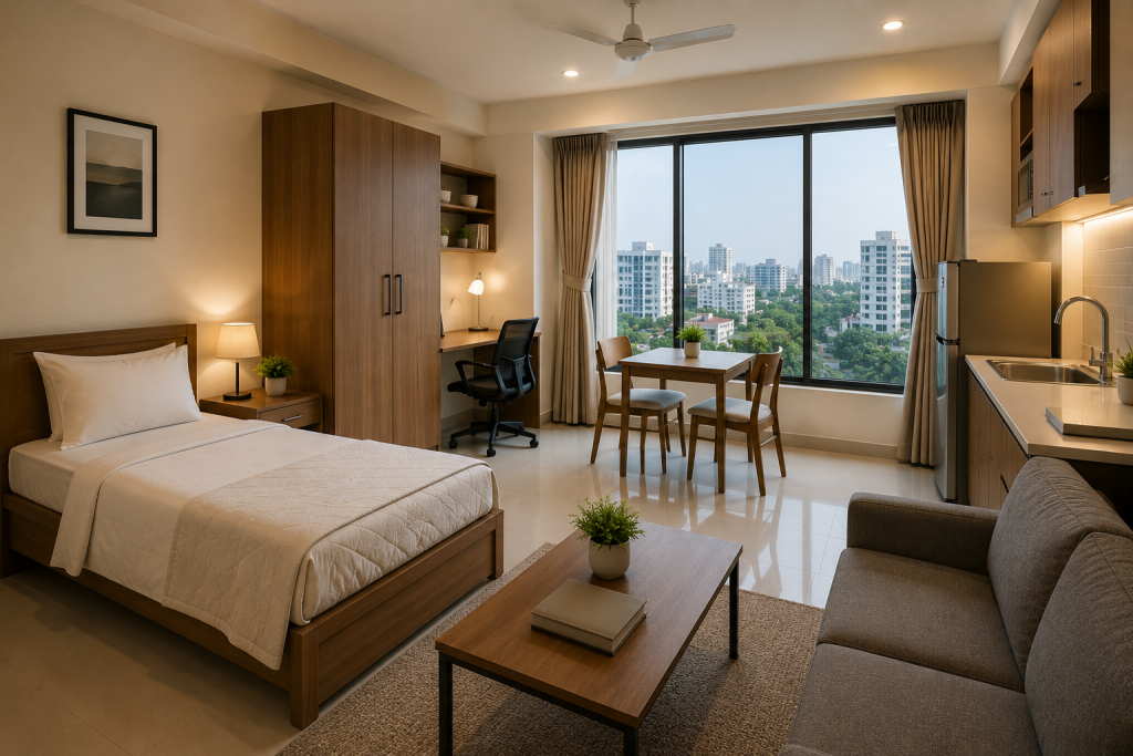 Affordable room near BIRDEM Hospital and BSMMU Dhaka featuring a fully furnished studio apartment for patient attendants