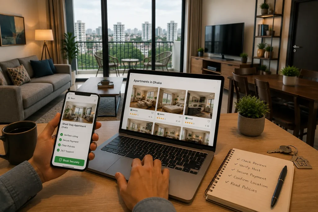 Person booking a safe short stay apartment in Dhaka using a laptop and smartphone while reviewing verified listings and booking checklist