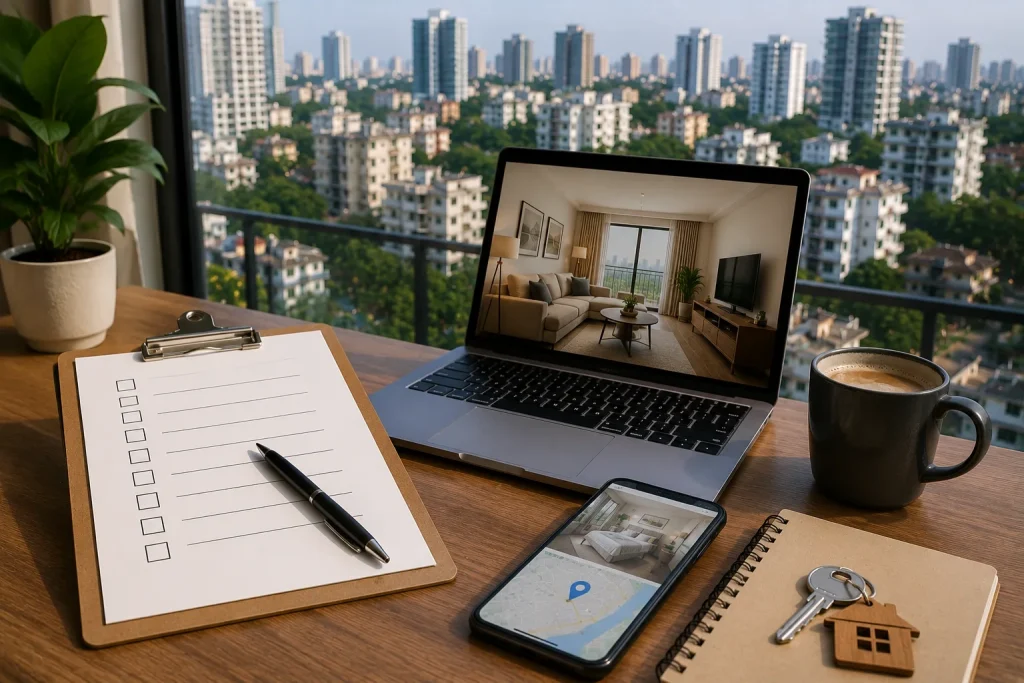Short stay apartment booking checklist with laptop displaying a furnished apartment and Dhaka skyline in the background