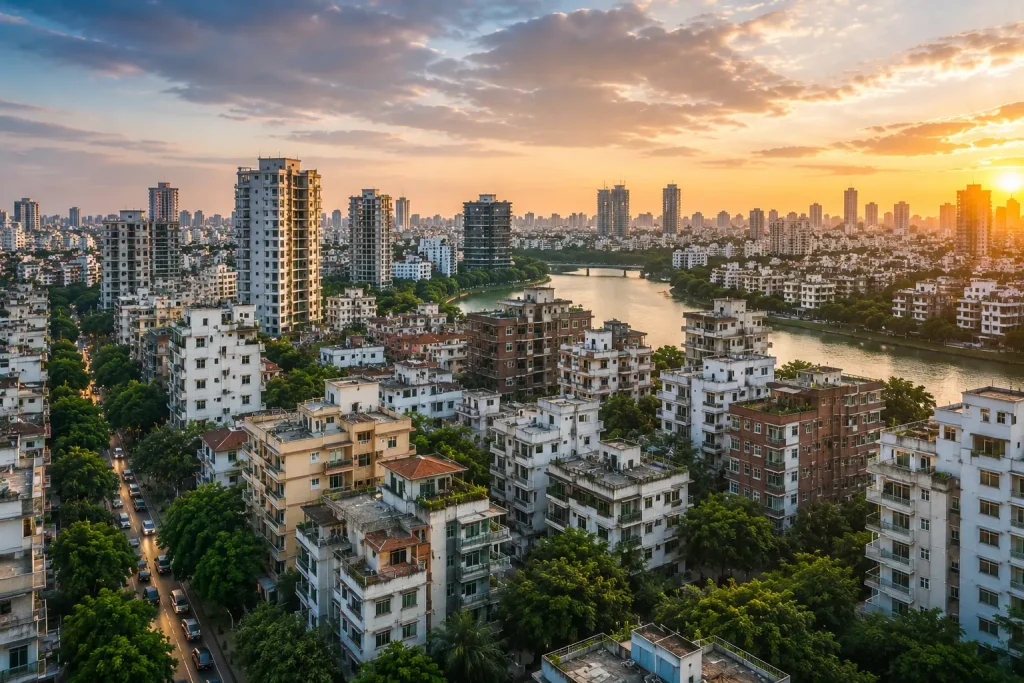 Aerial view of Dhaka neighborhoods at sunset featuring residential apartments surrounding Gulshan Lake, illustrating popular areas for short-stay apartment rentals