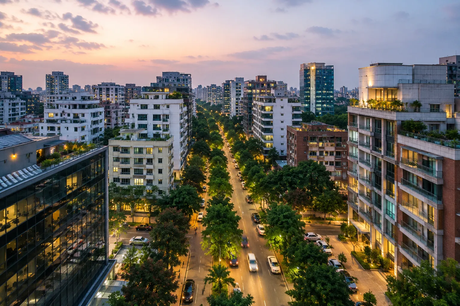 Short stay apartment in Banani Dhaka surrounded by modern residential buildings and tree-lined streets at sunset