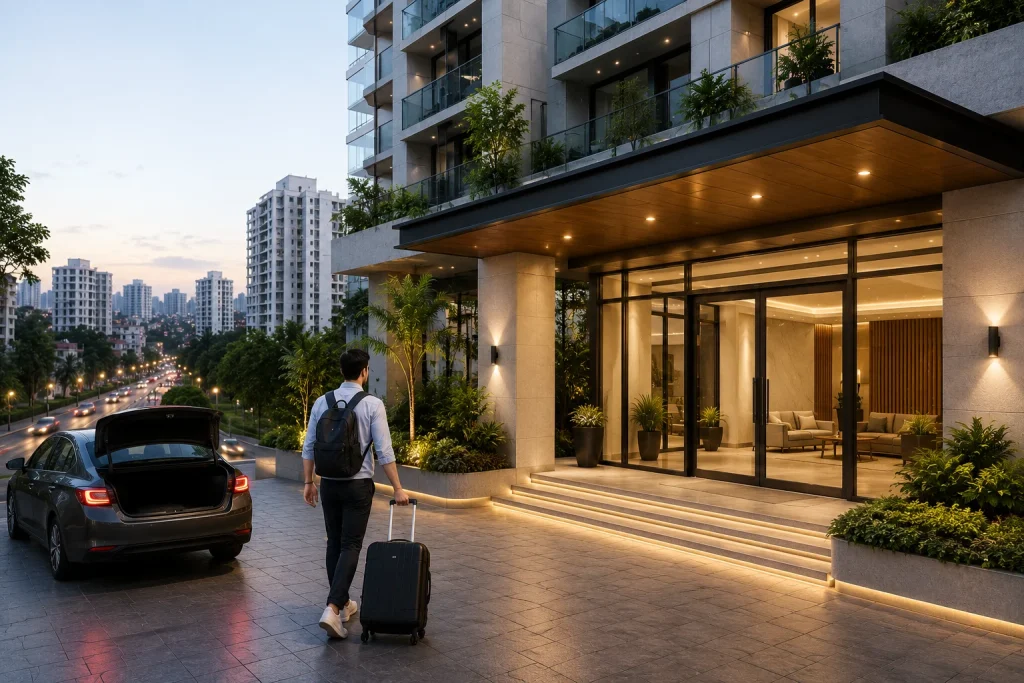 Traveler arriving at a modern serviced apartment building in Dhaka for a short stay with luggage and secure entrance