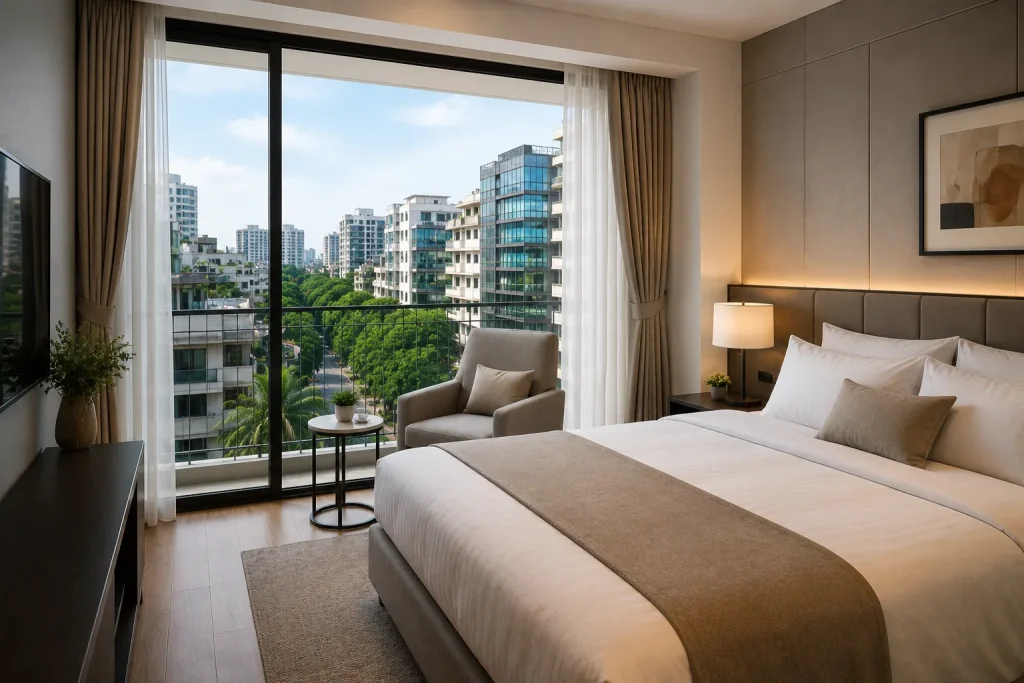 Modern bedroom in a Banani serviced apartment featuring a king-size bed, floor-to-ceiling windows, balcony, and panoramic city views in Dhaka